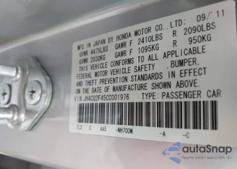 2012 Acura Tsx 2.4 z USA, uszkodzony, nr VIN JH4CU2F45CC001976